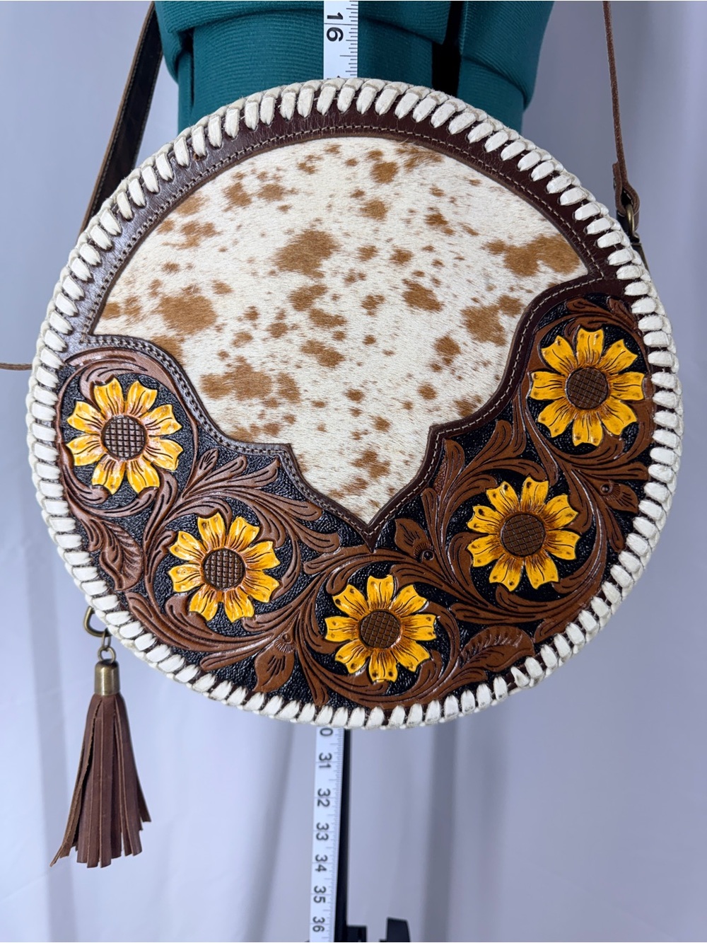 Myra Bag Brown and Cream Hand-Tooled Sunflower Round Crossbody - Picture 3 of 8
